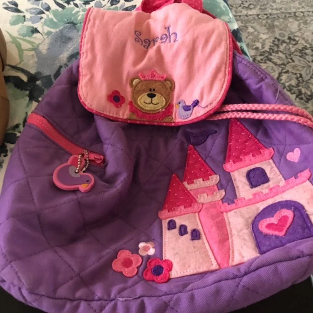 Sarah monogram Kids fabric backpack pink castle picture drawstring snap closure‎